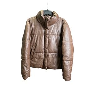 Levi Strauss & Co Brown Faux Leather Puffer Jacket High Neck Full Zip